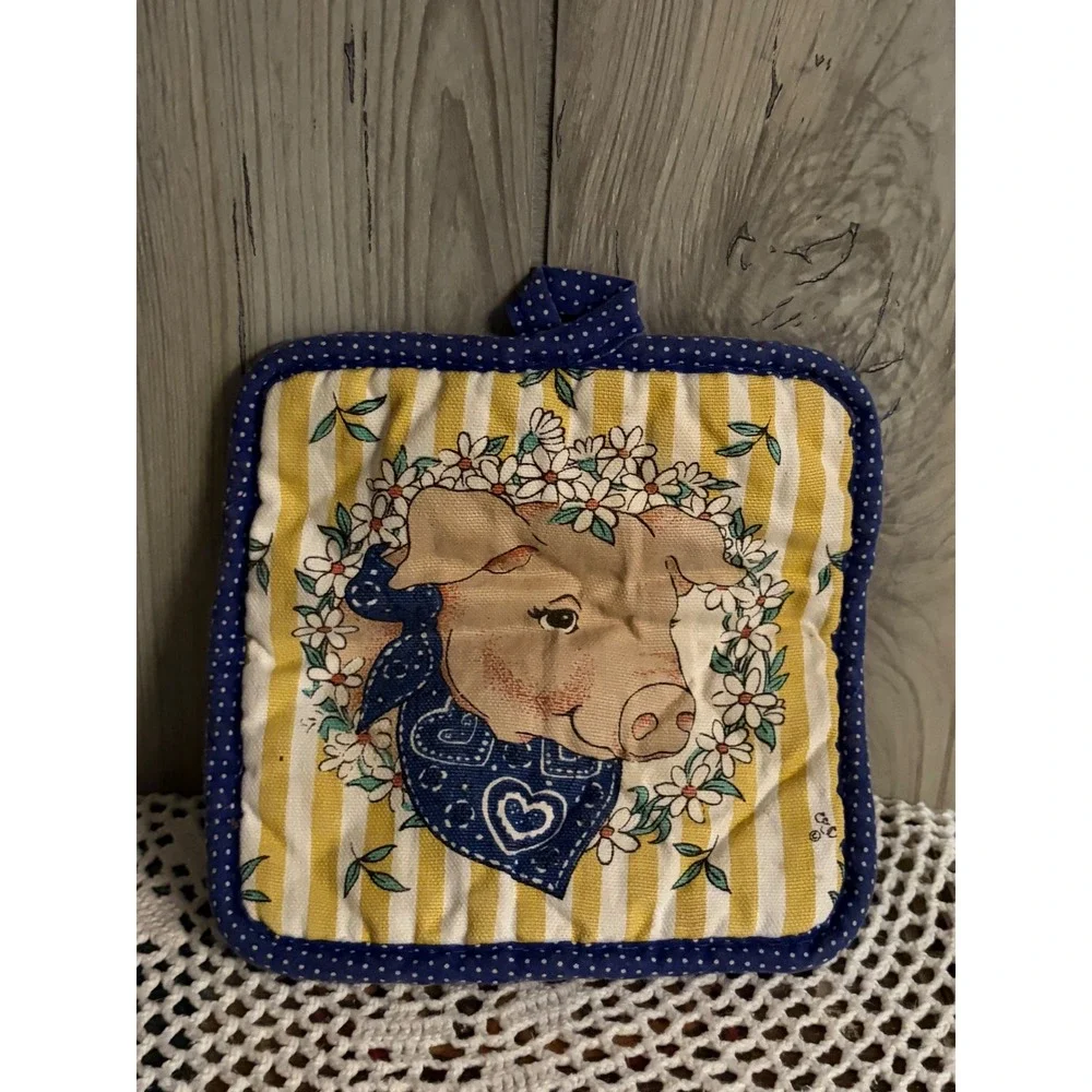 Vintage Pig Potholder Yellow Striped Blue Polka Dot Farmhouse Kitchen Decor